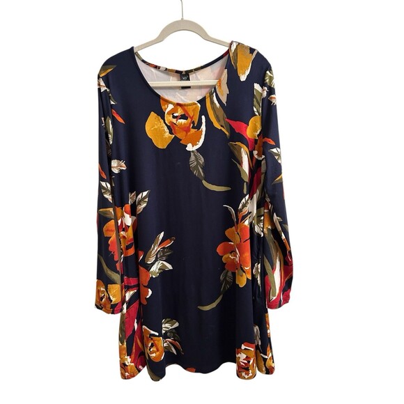 Lildy 3/4 Sleeve Floral Swing Dress, Sz L/XL Navy Rust Playful Print Boho 2.0 - Picture 1 of 3